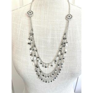 Silver Toned, Triple Strand Disk, Black Beaded & Rhinestone Medallion Necklace
